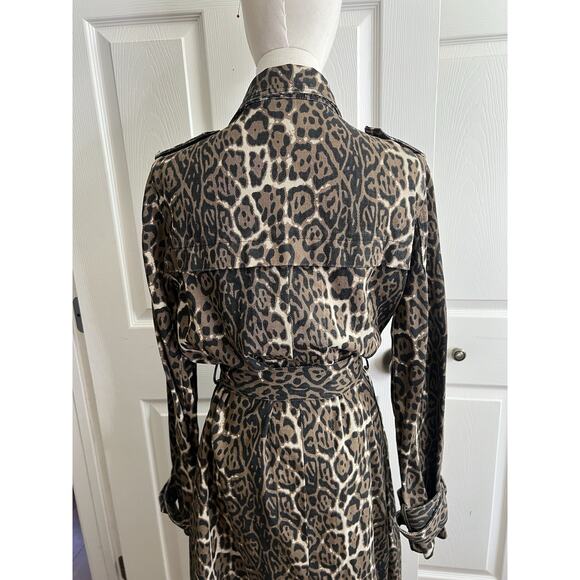 WALKER ROSE Leopard Print Distressed Denim Belted Long Trench Coat - Picture 9 of 13